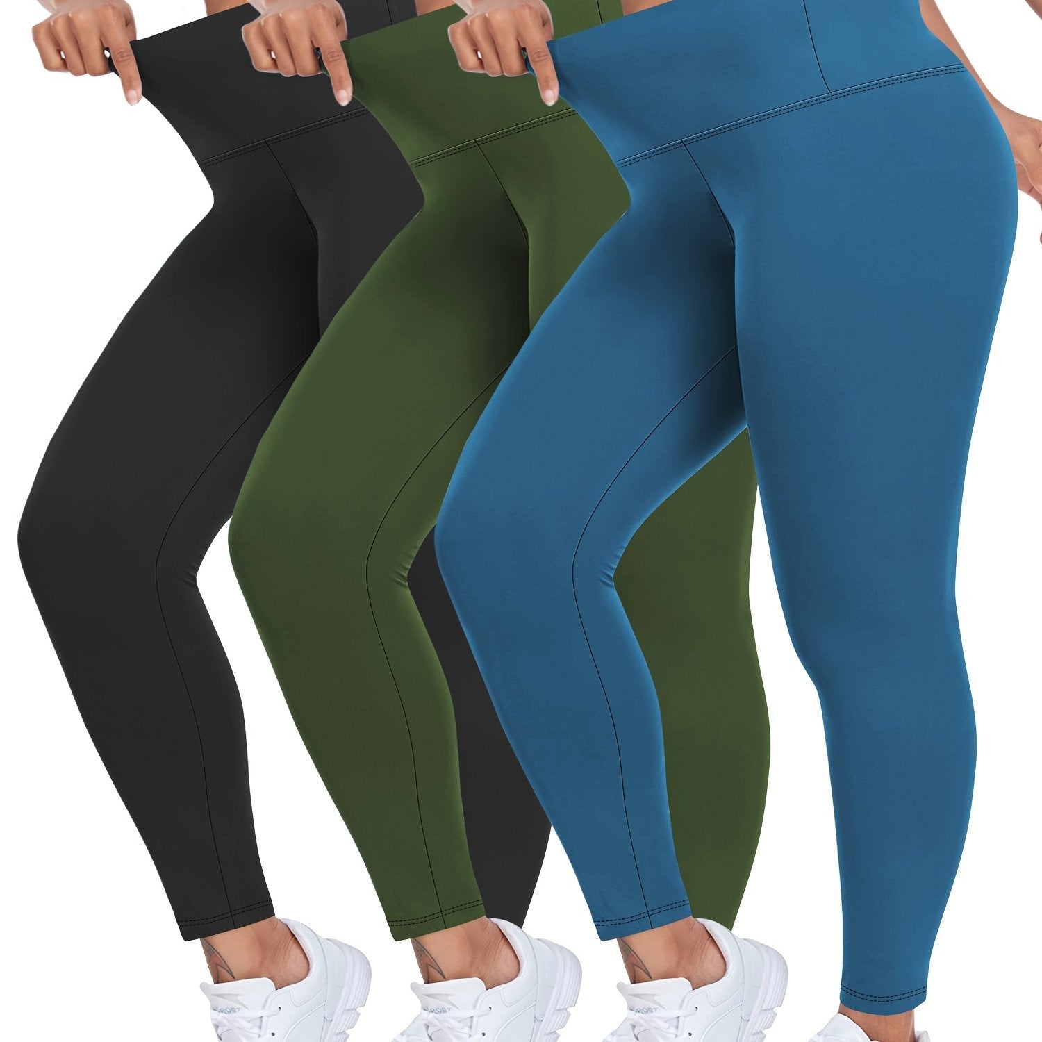 Leggings de talla grande de cintura alta de color sólido, pack de 3