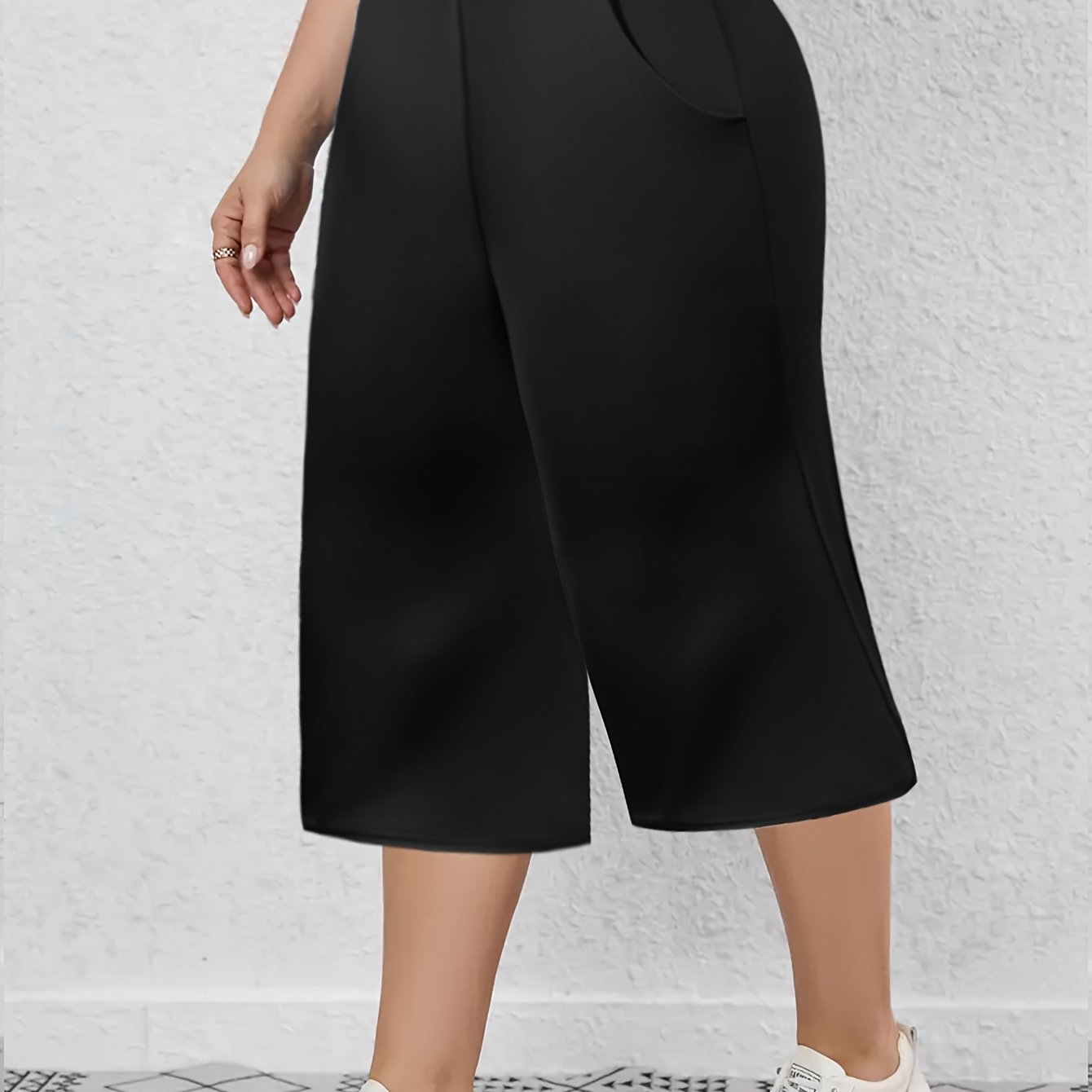 Pantalones de talla grande para mujer, elásticos, de longitud media, lisos, negros, casuales y semi-formales