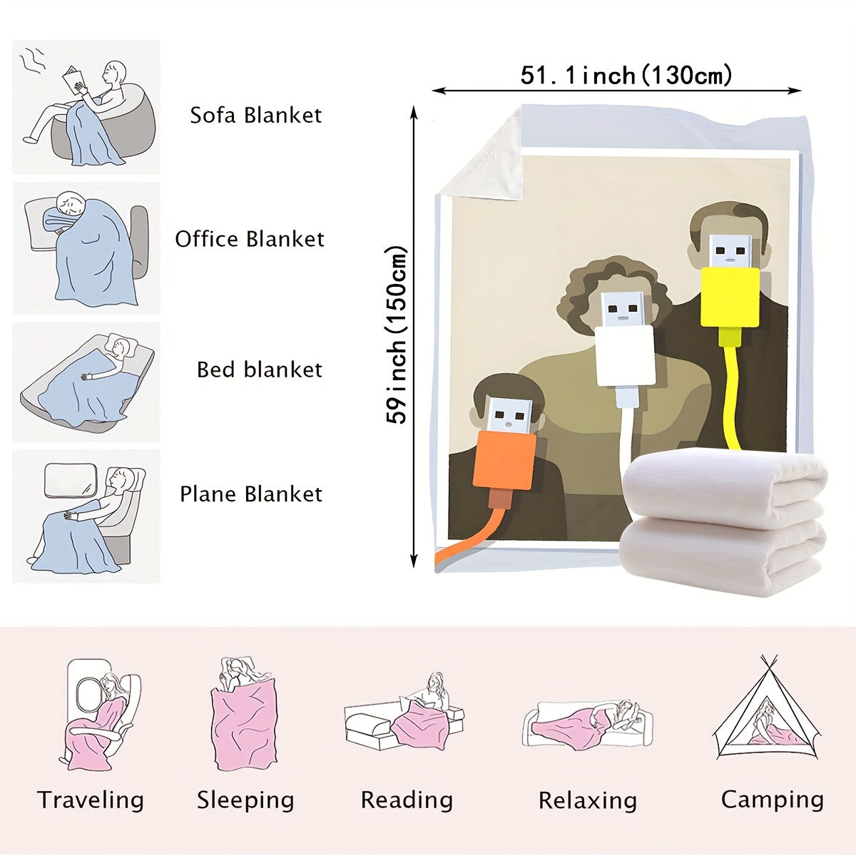 Soft Plush Throw Blanket USB Powered Cozy Warm for Office Living Room Bedroom