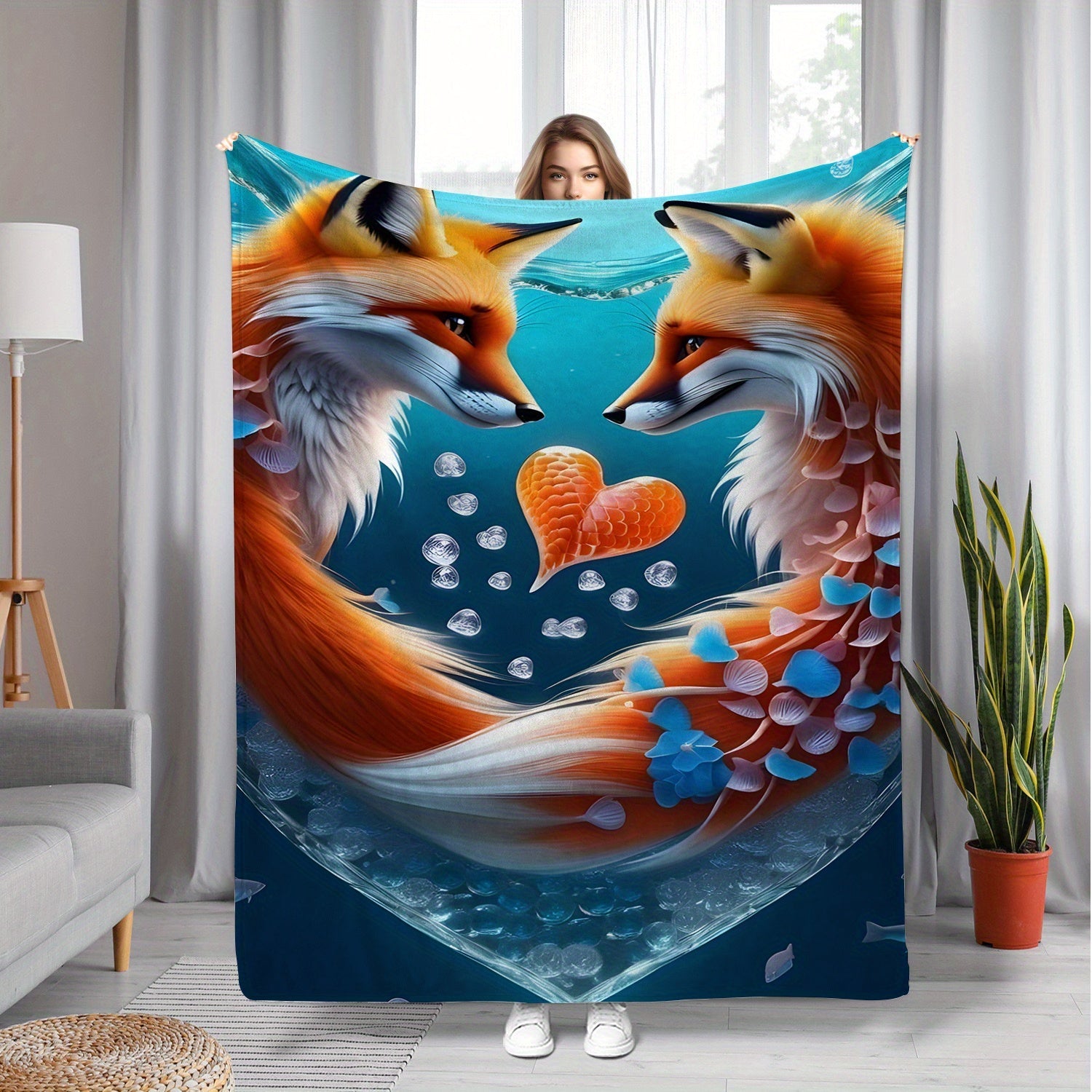 Fox Print Soft Throw Blanket for All Seasons Cozy Polyester Flannel Machine Washable