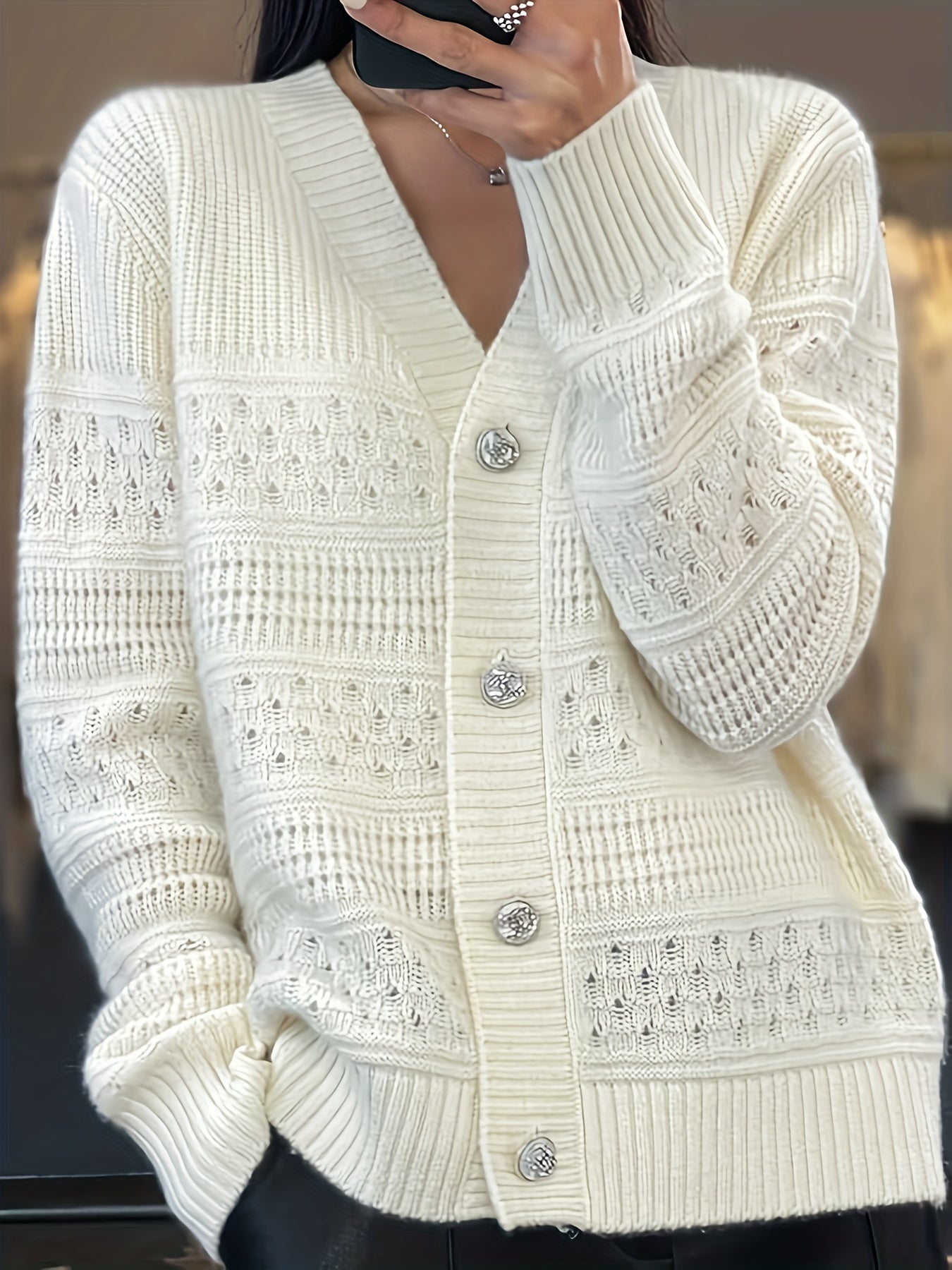 Plus Size Women's V-Neck Button-Up Cardigan Long Sleeve Solid Color Fall Winter Sweater