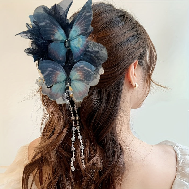 Stylish Blue and White Butterfly Tassel Hair Claw Boho Oversized Shark Clip