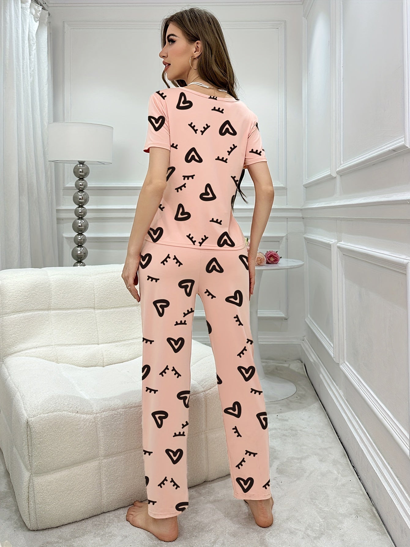 Pink Heart and Eyelash Print Women's Pajama Set with Crew Neck Top and Long Pants
