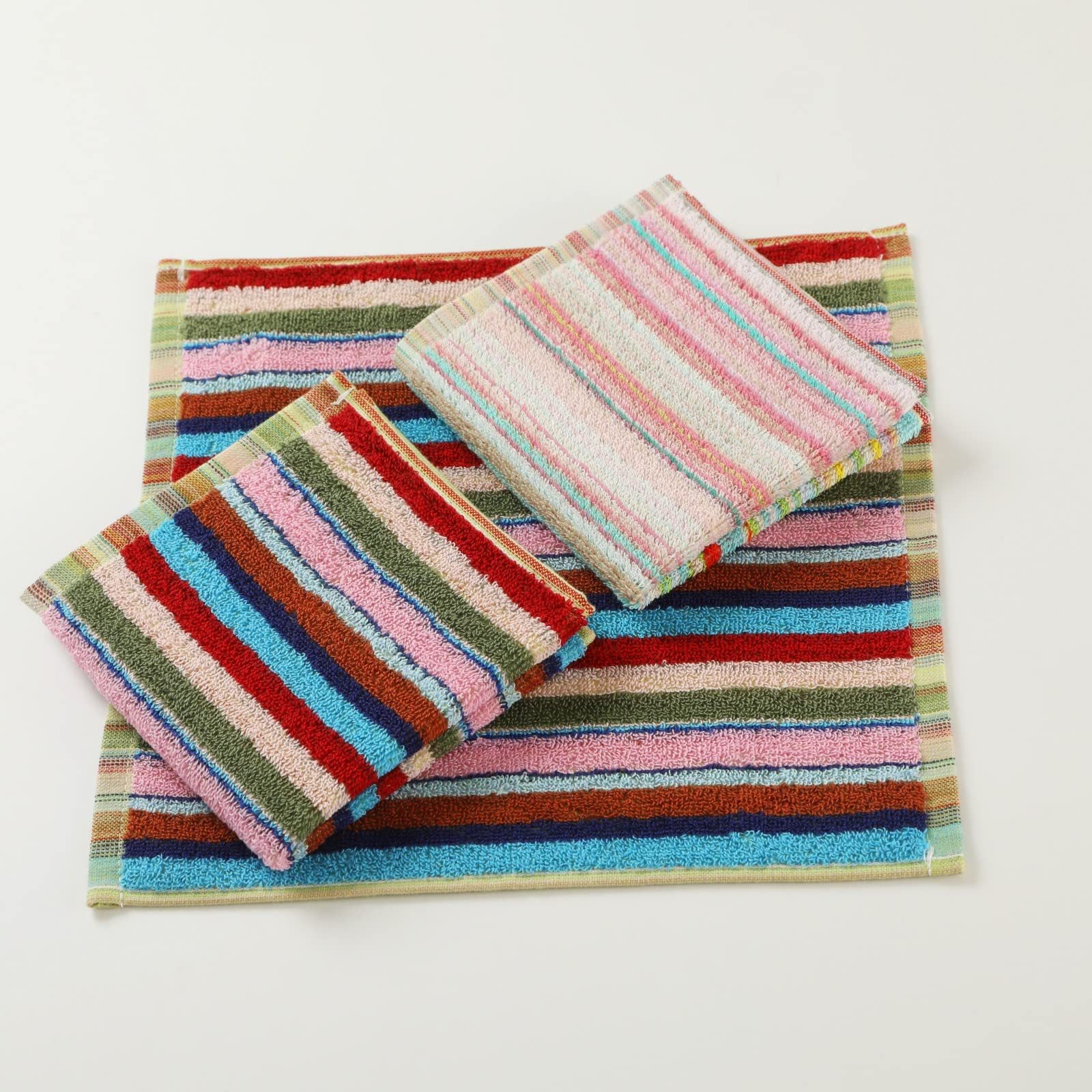 Set of 6 Cotton Washcloths with Hanging Loop, Striped Knit Fabric, Soft Absorbent, 500 GSM