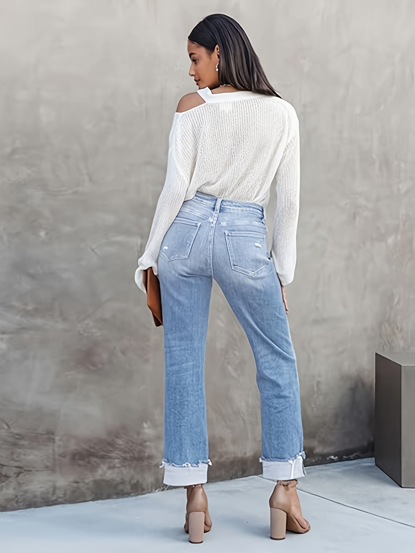 Ayollar uchun katta o'lchamdagi buzilgan yuvilgan, bukilgan krepli yengil to'g'ri chiziqli jinsi shimlar, kuz uchun