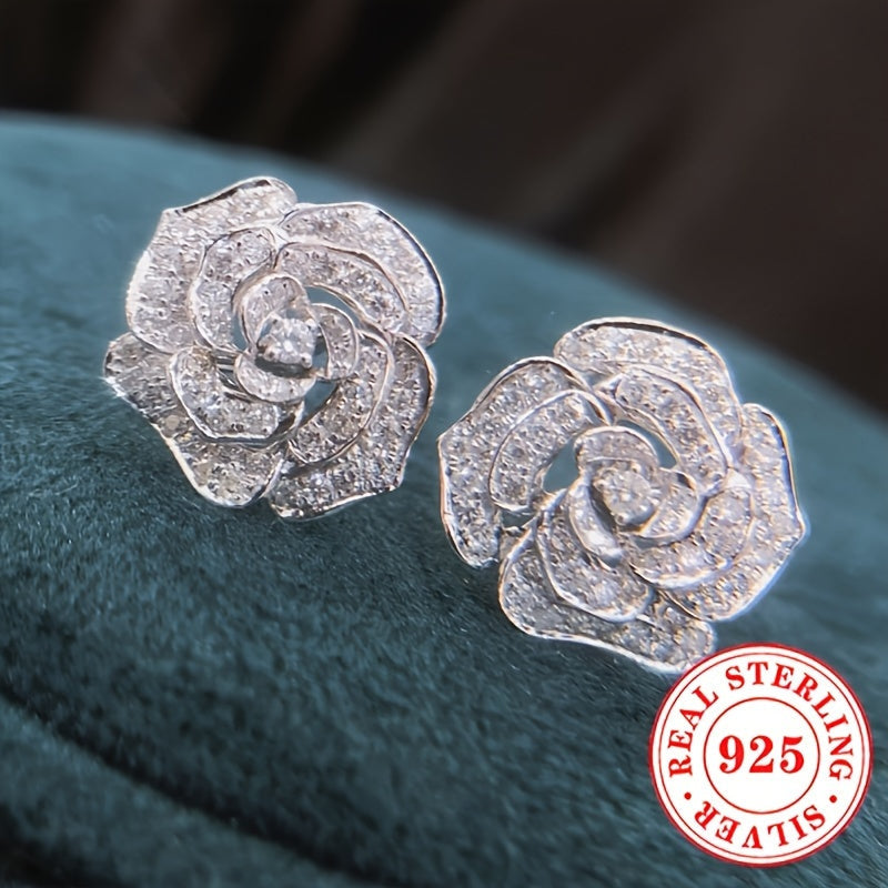 Sterling Silver Rose Flower Stud Earrings with Synthetic Zirconia