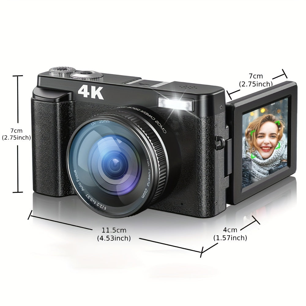 4K Ultra HD Digital Camera with 48MP Auto-Focus 16X Zoom 180° Flip Screen Black