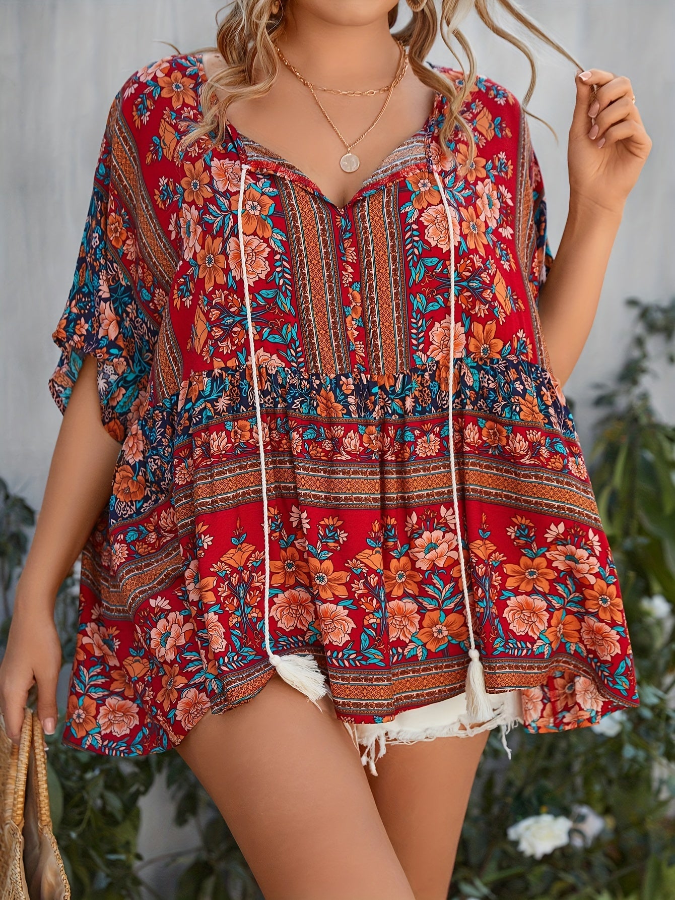 Women's Plus Size Floral Print V-Neck Short Sleeve Top