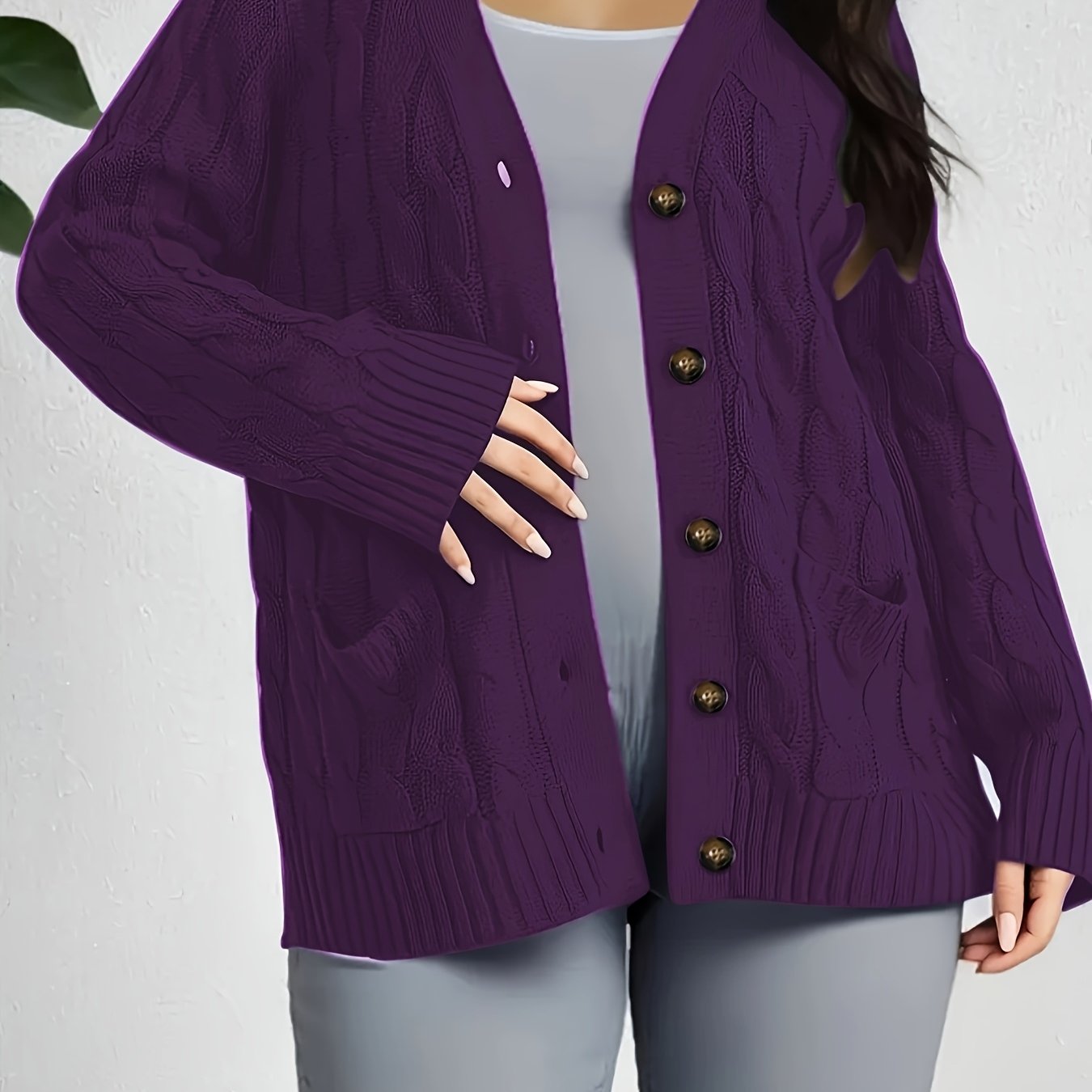 Plus Size Women's Solid Color Cable Knit Open Front Long Sleeve Cardigan