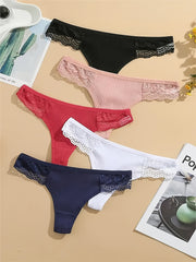 Women's Lace Thongs 5-Pack Low Waist Ribbed Cotton Underwear Solid Color