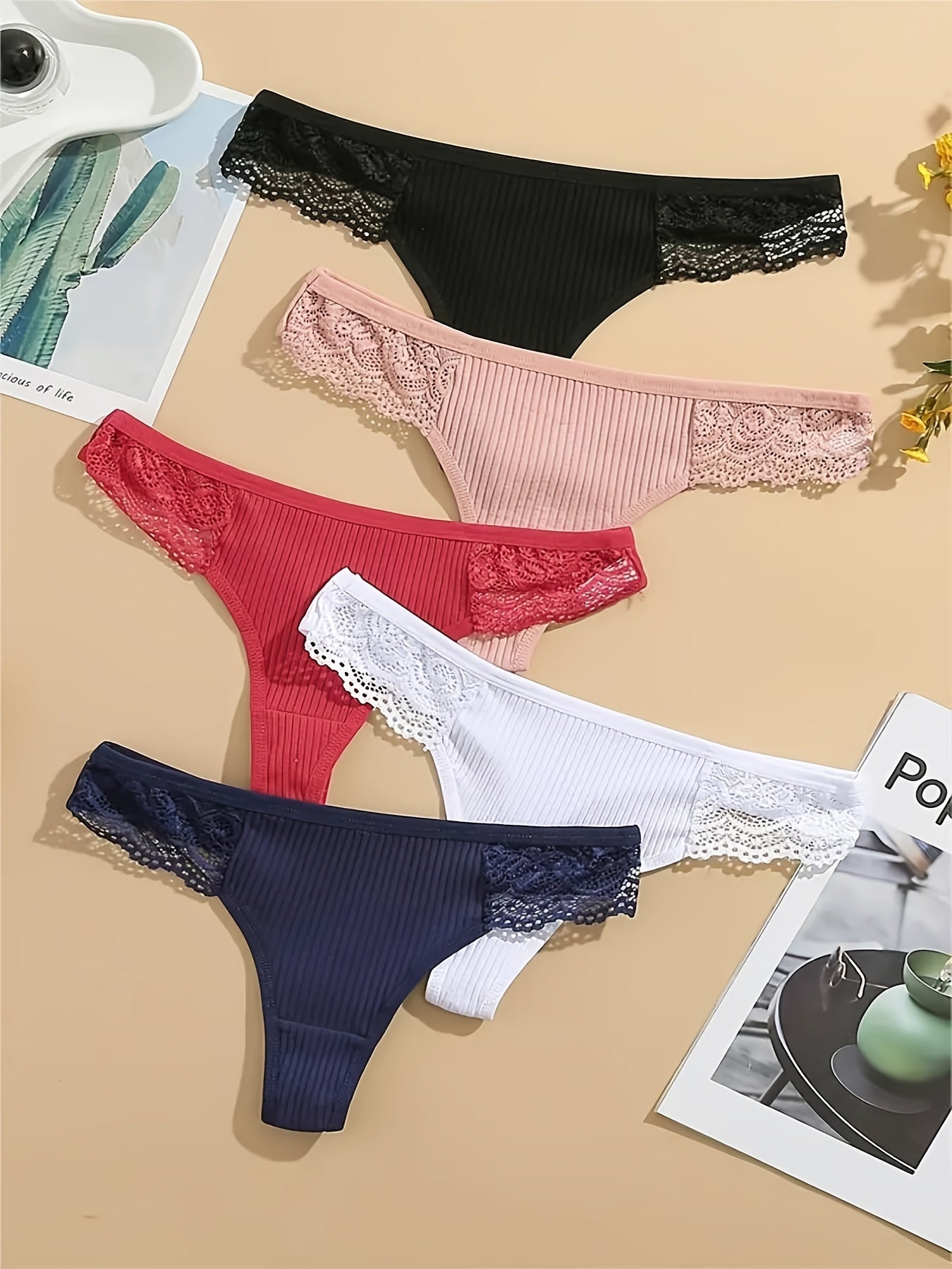 Women's Lace Thongs 5-Pack Low Waist Ribbed Cotton Underwear Solid Color