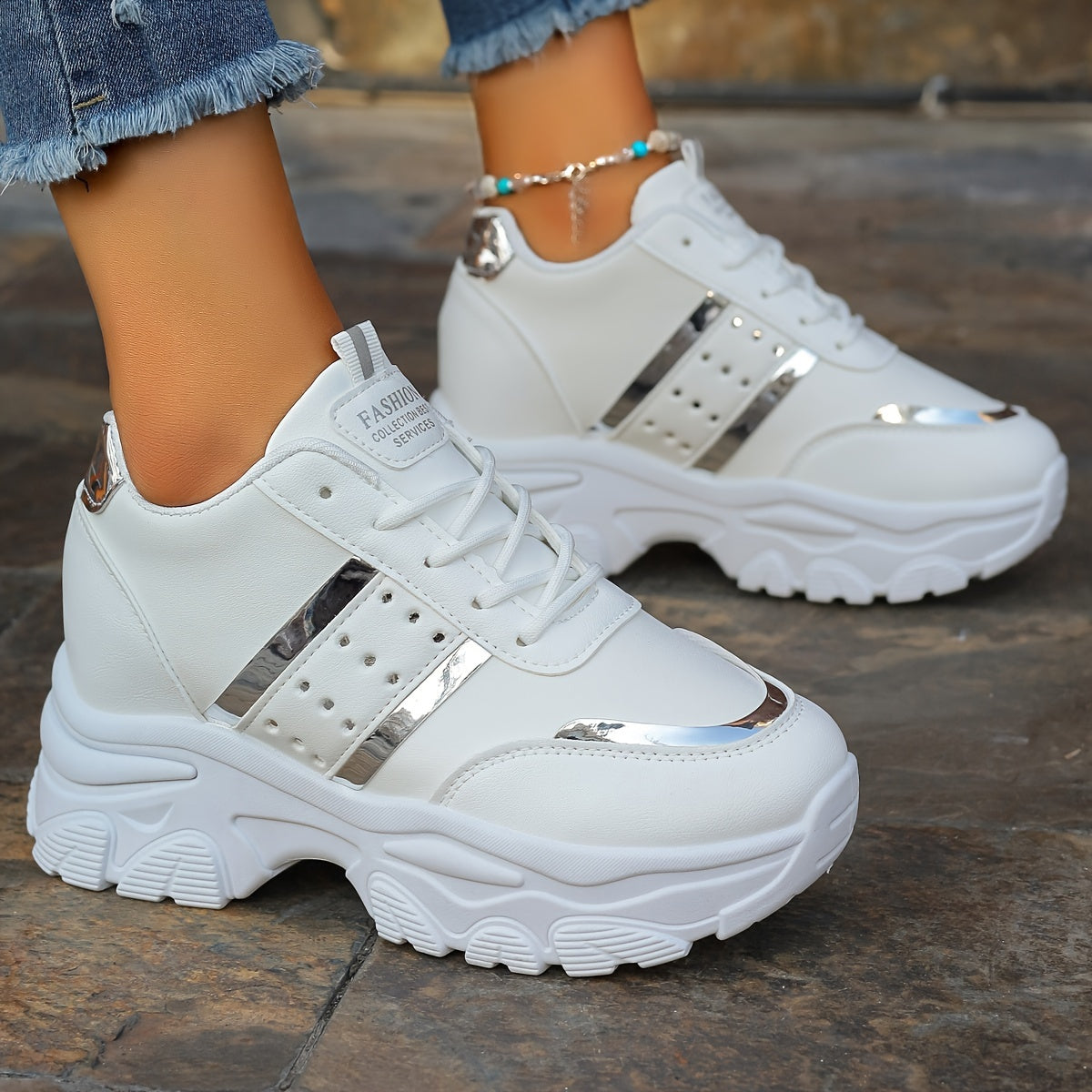 Women's White and Gold Platform Sneakers in Large Size 42 with 8cm Height Boost