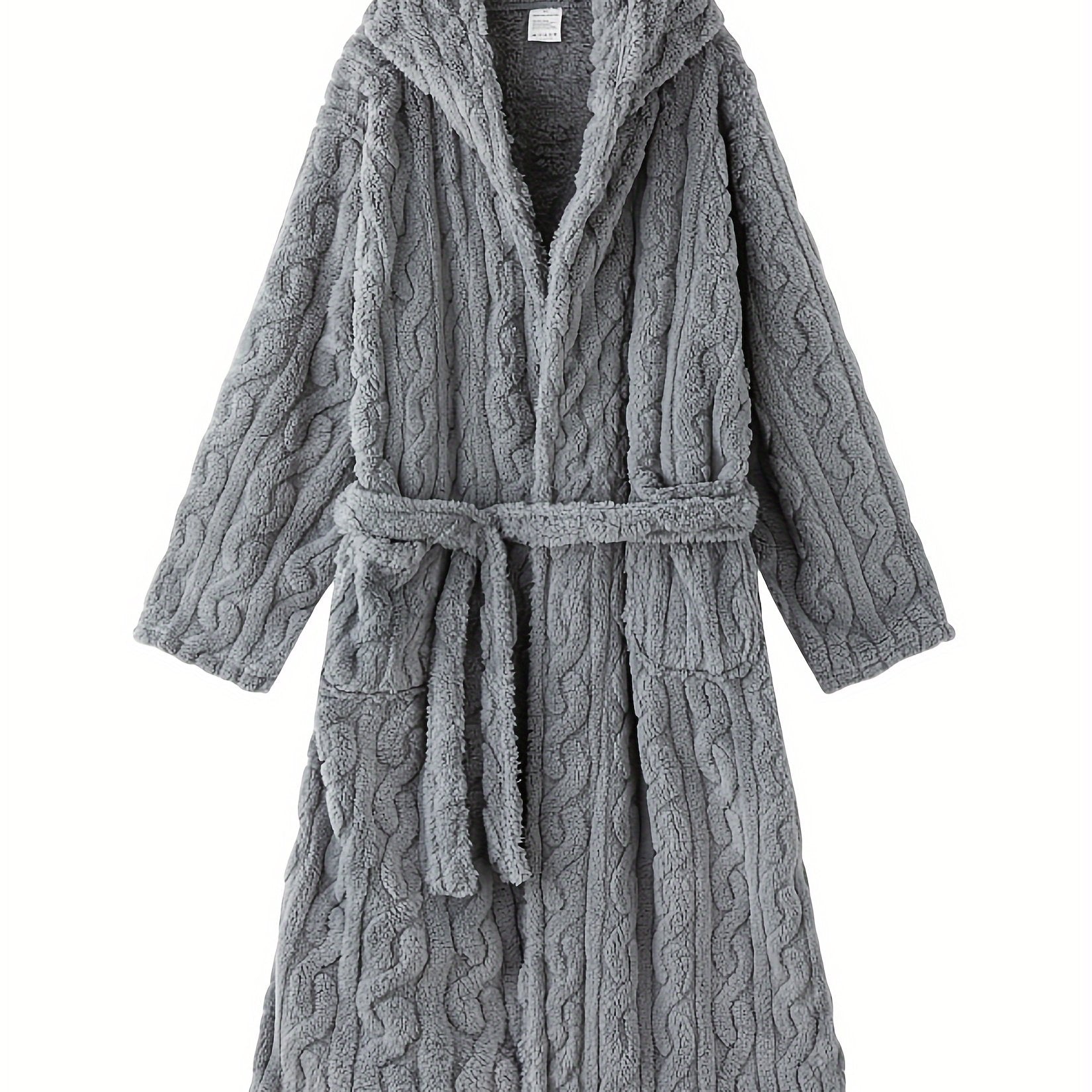 bata de felpa para mujer con capucha, manga larga, cinturón, bolsillos, otoño e invierno, punto, poliéster