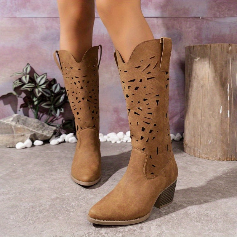 Women Western Cowboy Boots Slip-On Pointed Toe Mid-Heel Embroidered Durable Rubber
