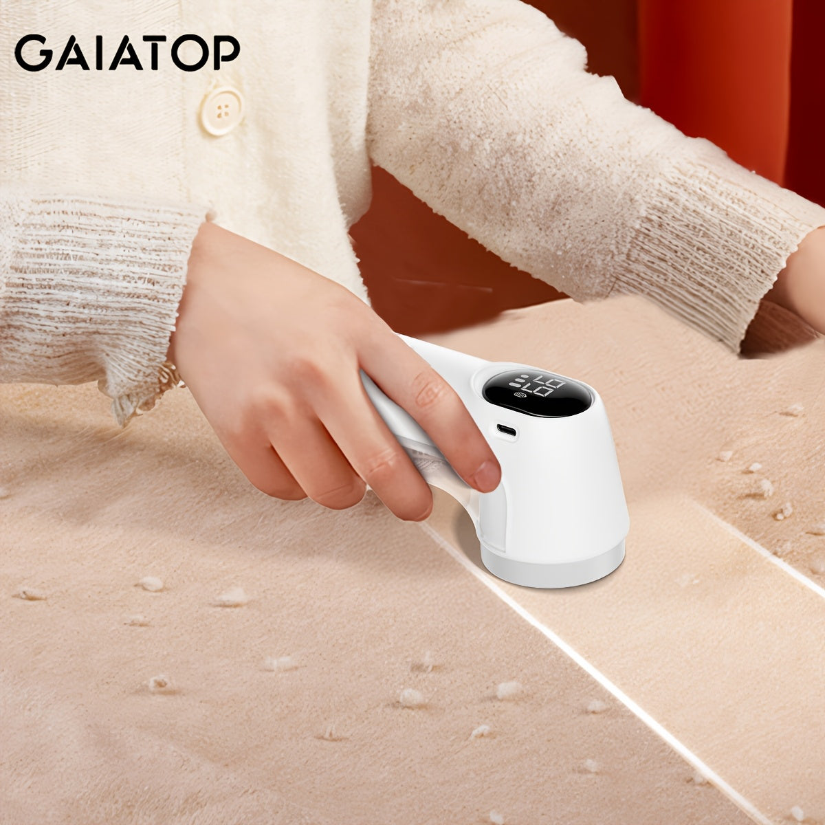 GAIATOP Matolar, divan, yotoqdan to'plarni olib tashlaydigan, raqamli ko'rsatkichga ega, 3 tezlikda ishlaydigan mato qirqish mashinasi. Ikkita almashtiriladigan pichoqni o'z ichiga oladi.