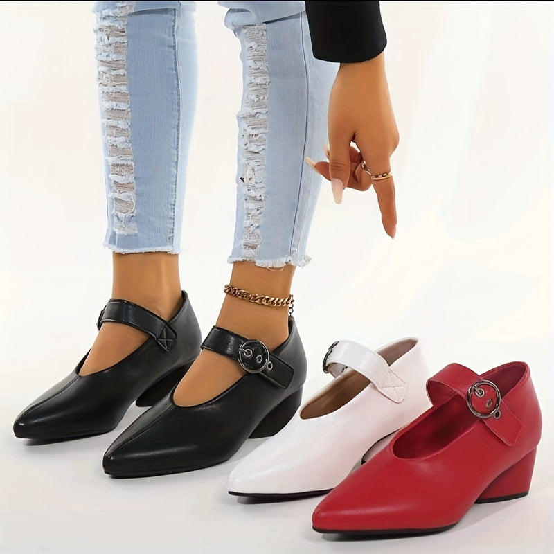 Women's Summer Solid Color Low Block Heel D'Orsay Shoes with Buckle and Pointed Toe