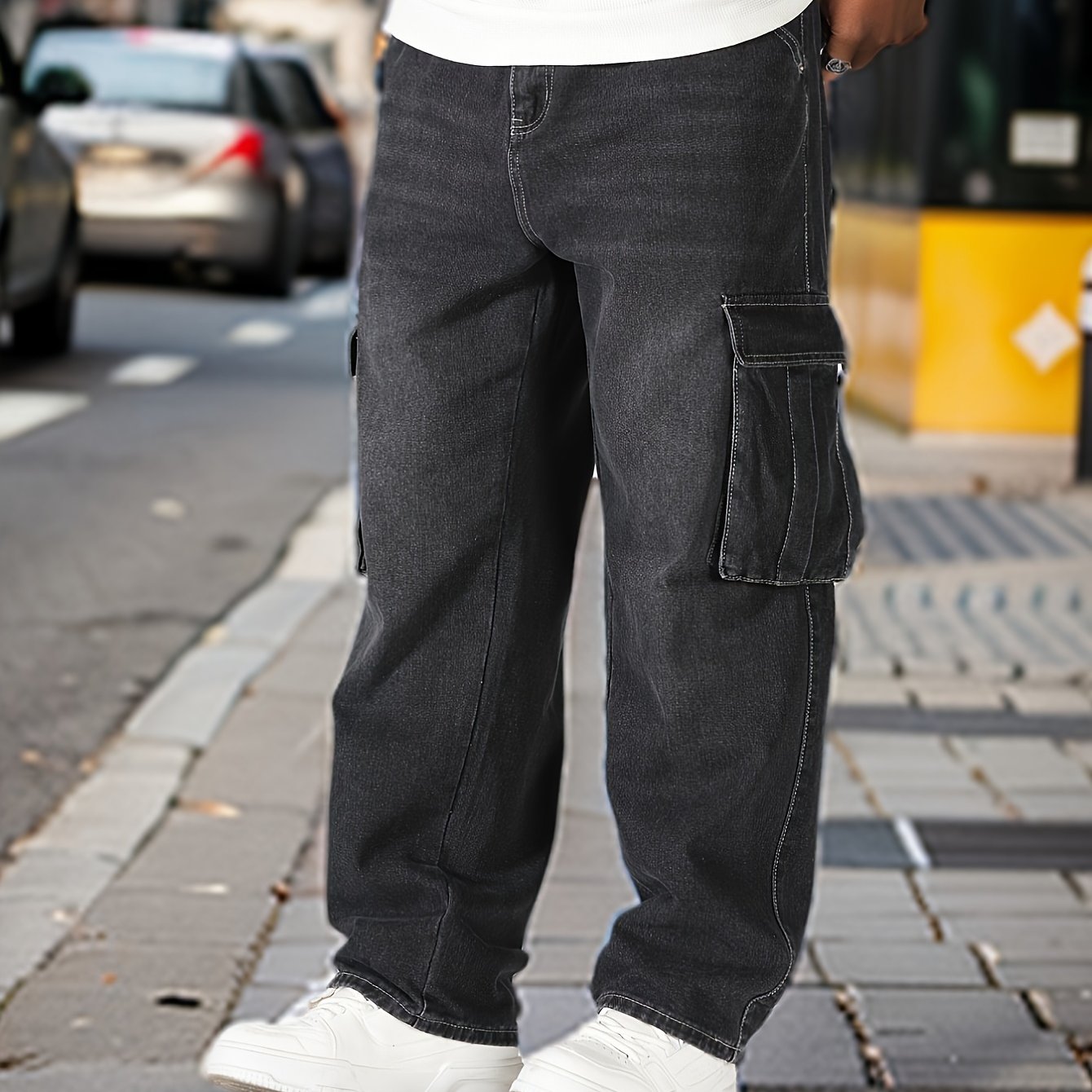 Plus Size Cargo Jeans for Men Loose Fit Straight Leg Non-Stretch Denim Casual Pants