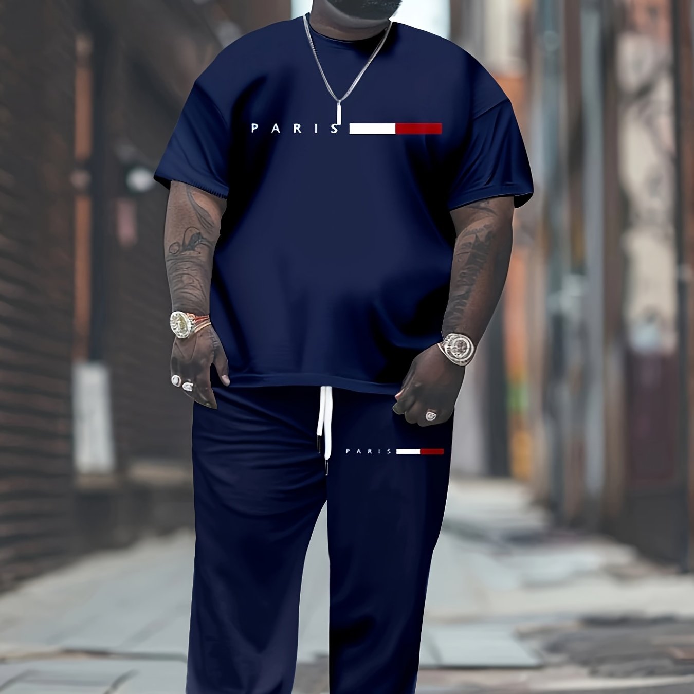 Men's Navy Blue Casual Sports Outfit Plus Size Polyester Knit with Pockets