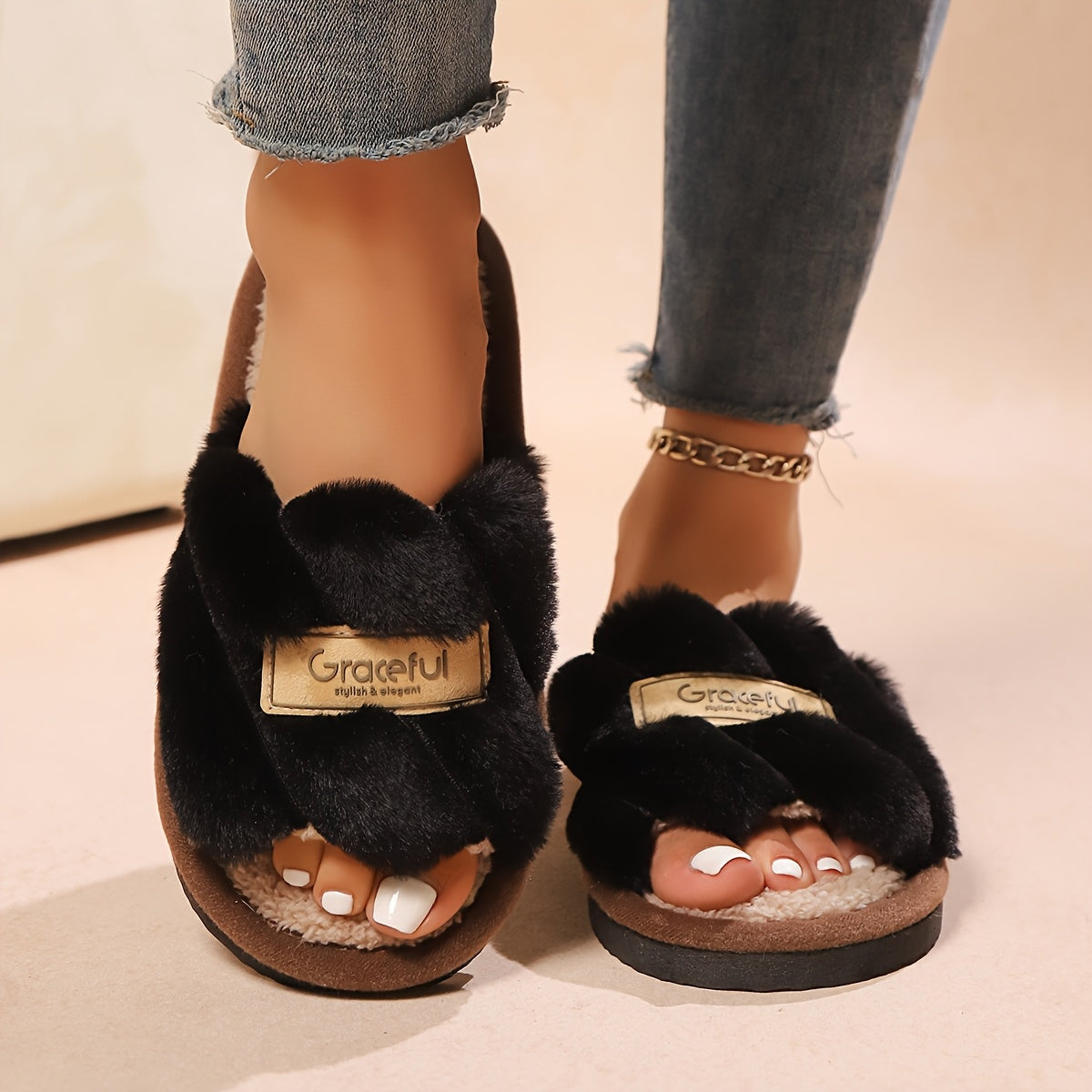 Women's Fluffy Faux Fur Open-Toe House Slippers Soft PVC Sole Indoor Footwear