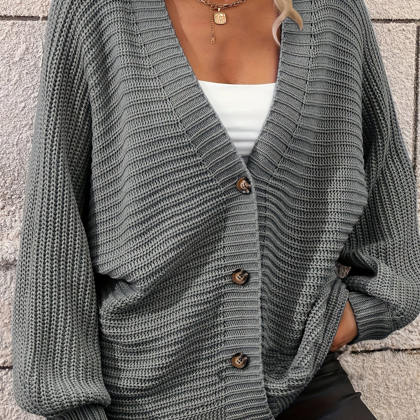 Plus Size Women Casual Loose Solid Color Button-Up Cardigan
