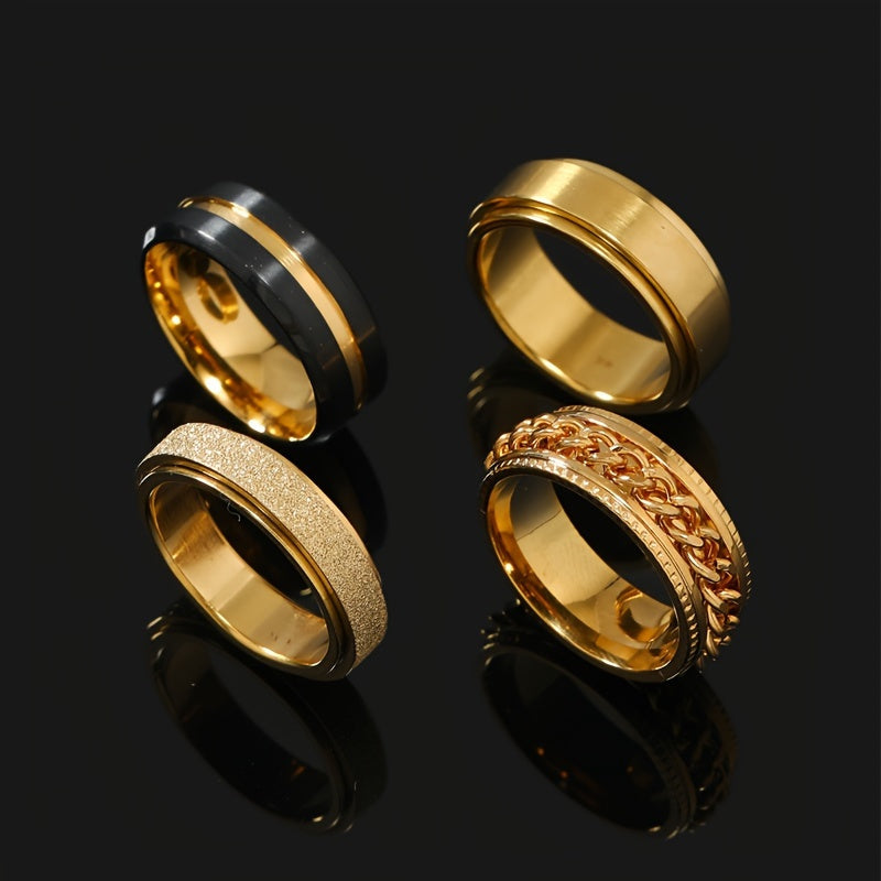 Black Rotating Rings for Men, Minimalist Stylish Jewelry with Concave Grooves