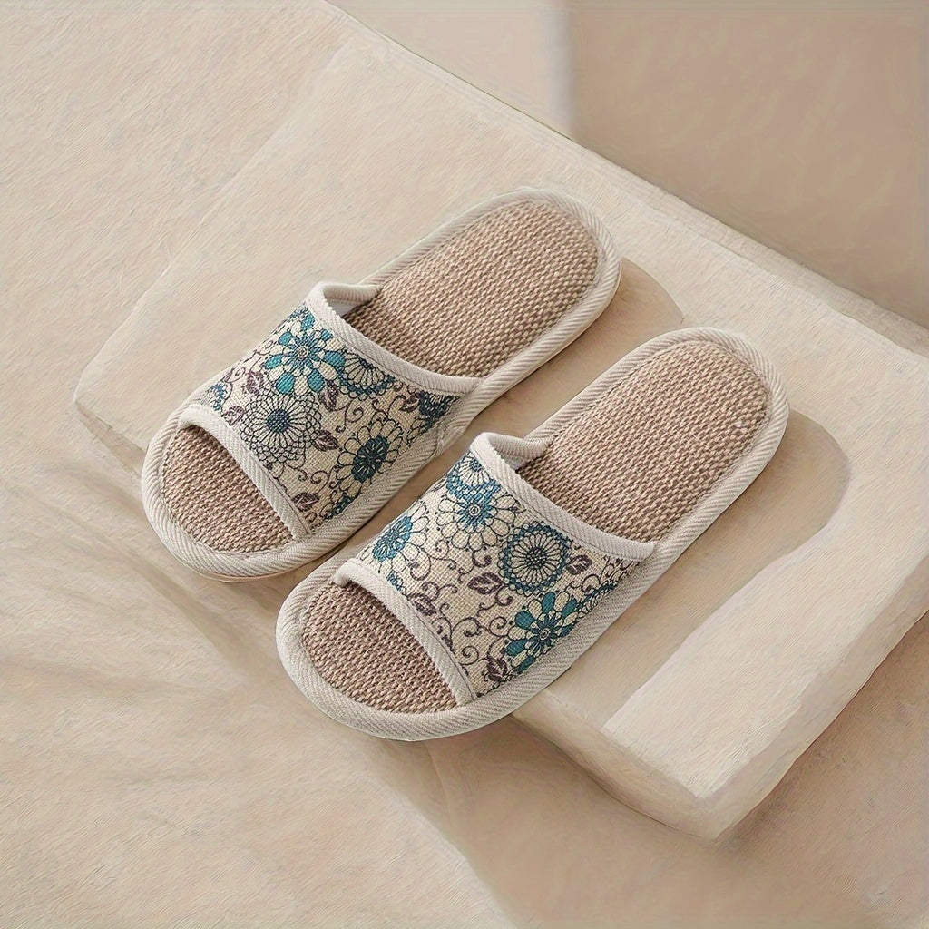 Women Flower Pattern Slippers Open Toe Linen Indoor Shoes
