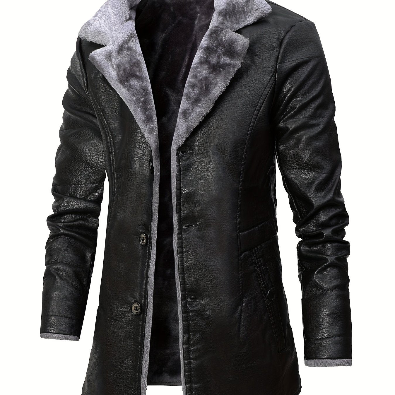 Men's Black Mid-Length Woven Polyester Formal Jacket with Plush Collar and Cuffs