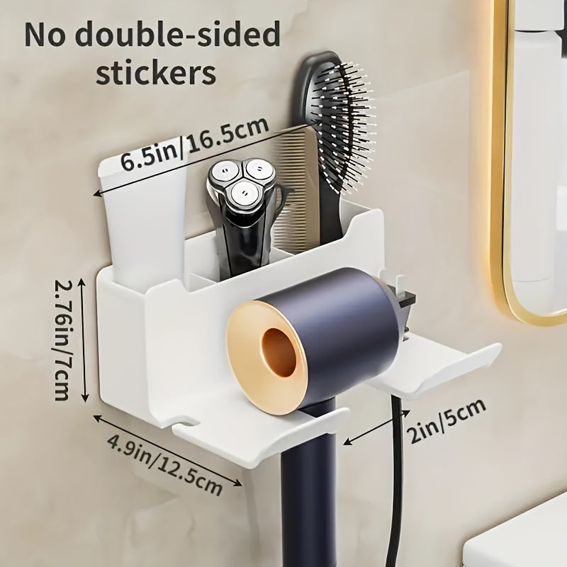 Wall-Mounted Hair Dryer Holder Metal Plastic Space-Saving Bathroom Organizer 16.5x7x12.5cm