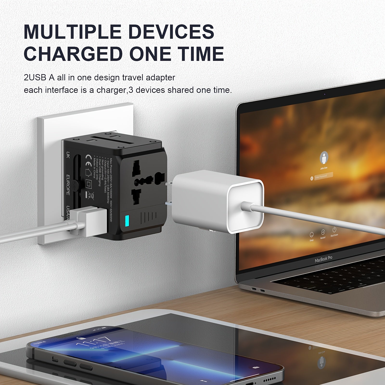 Adaptador de viaje universal con conversor de potencia, 1500W, 2 salidas USB-A, voltaje amplio