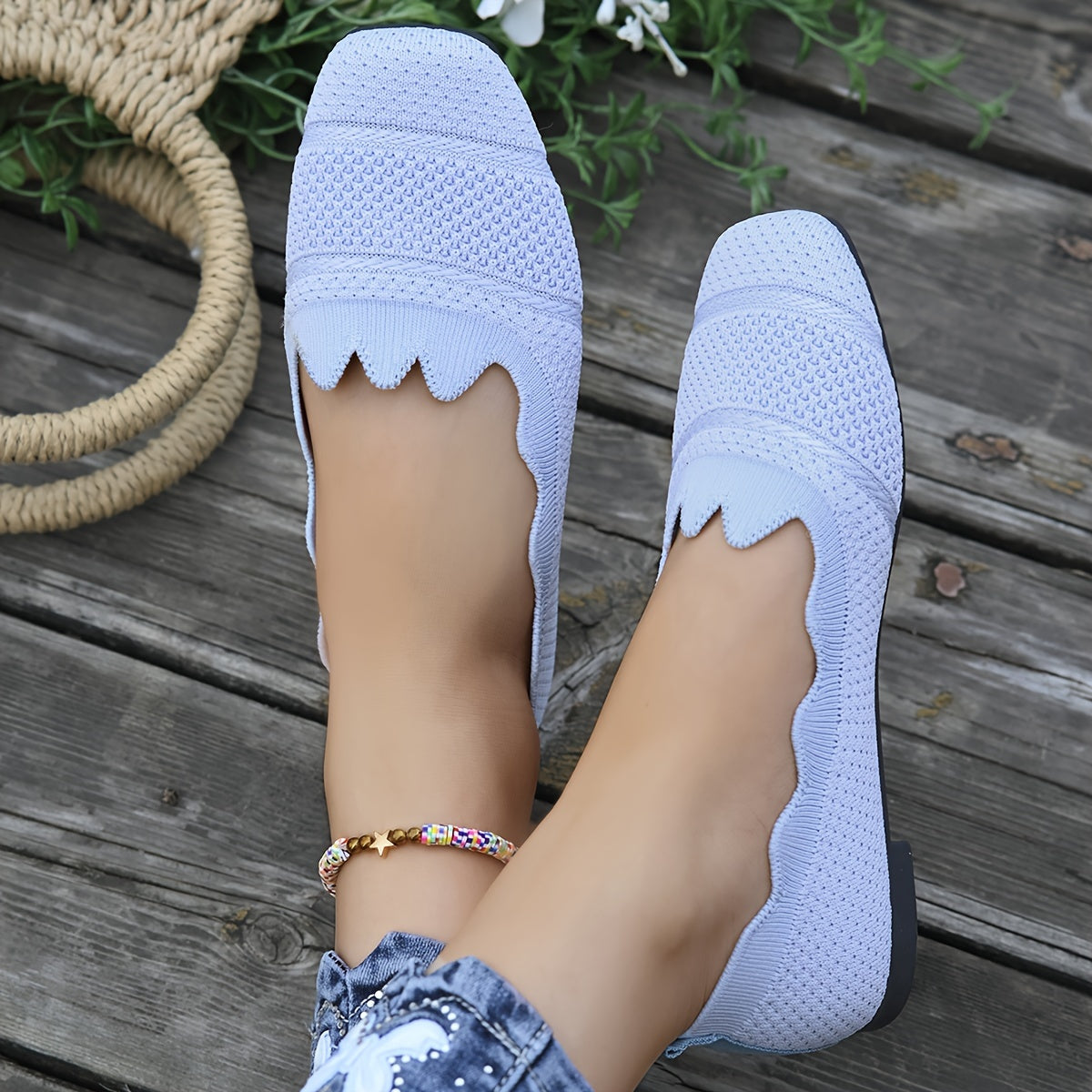 Women's Lace-Trimmed Slip-On Flats Breathable All-Season Shoes Black Gray Blue