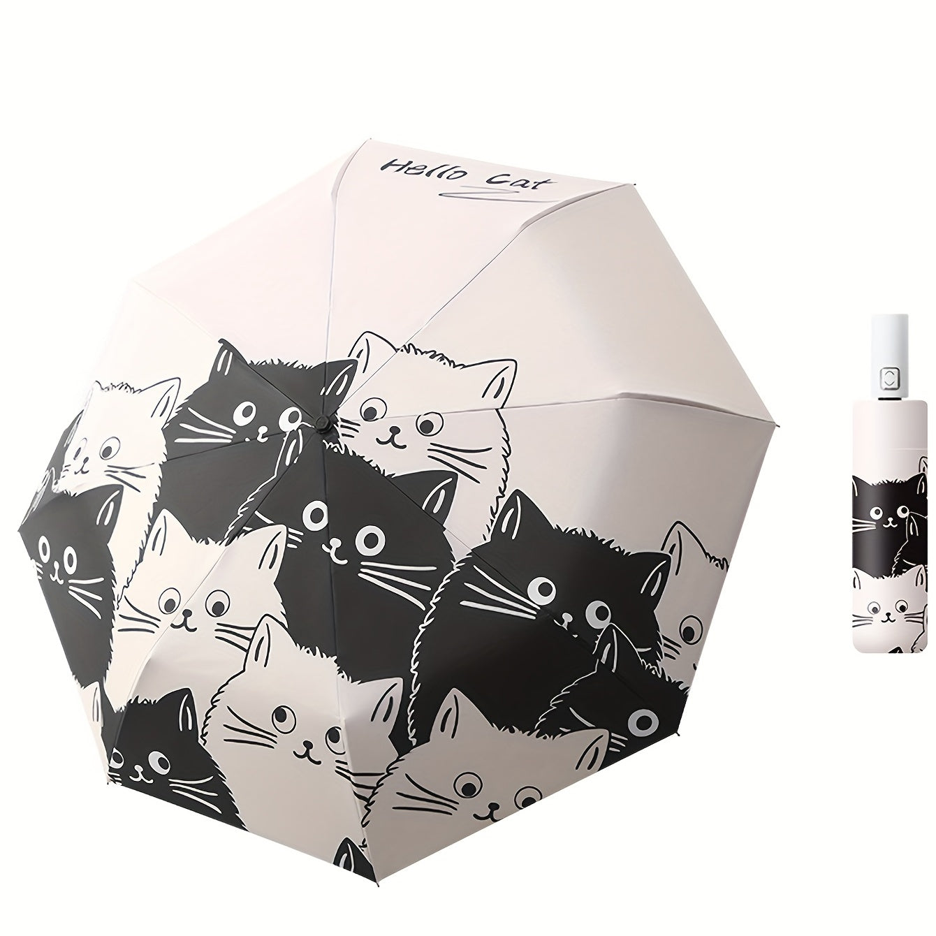 Cartoon Kittens Printed Automatic Umbrella UV Protection Black and White Reinforced Frame