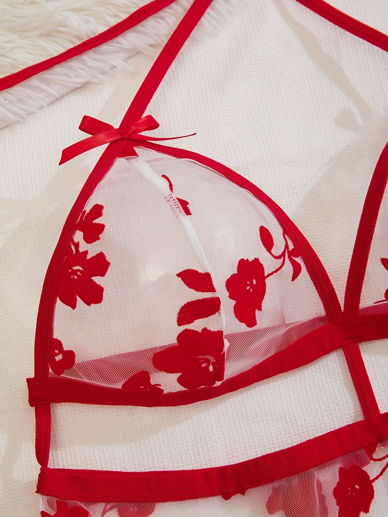 Women's Red Floral Sheer Mesh Lingerie Set with Halter Top and Thong