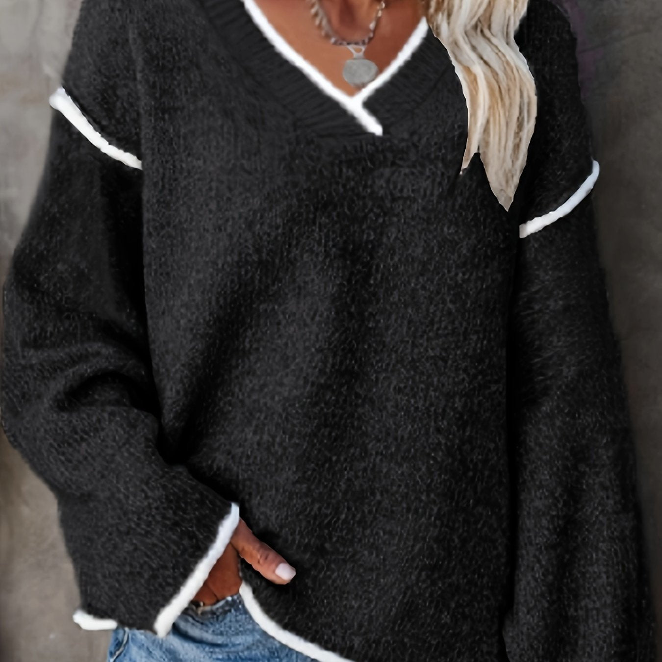 Plus Size V-Neck Sweater Oversized Cozy Knit Pullover for Women