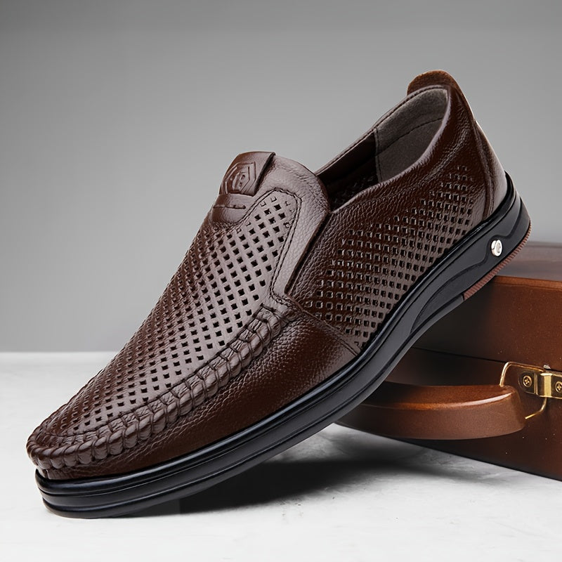 Men's Leather Casual Loafers with Hollow Out Design Slip-On Breathable Wear-Resistant for Outdoor and Office