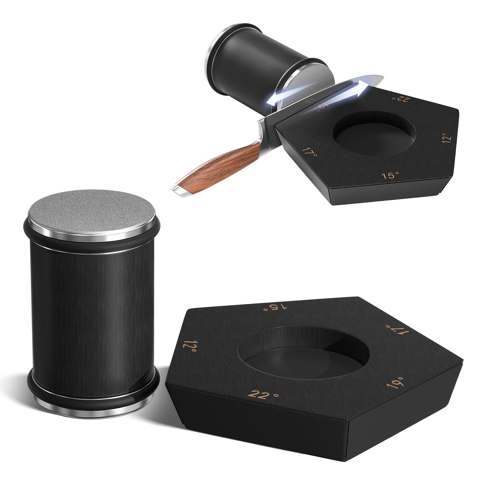 Afilador manual de pentágono con ángulos ajustables de 12/15/17/19/22 grados, soporte magnético para cuchillas, negro