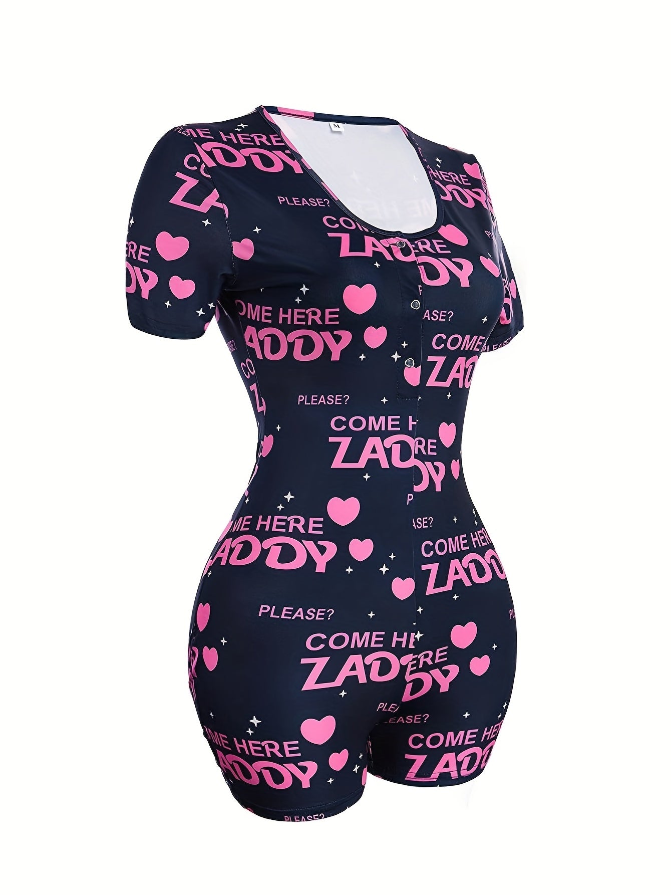 Women's Navy Blue Bodysuit Short Sleeve Crew Neck with Lady Print