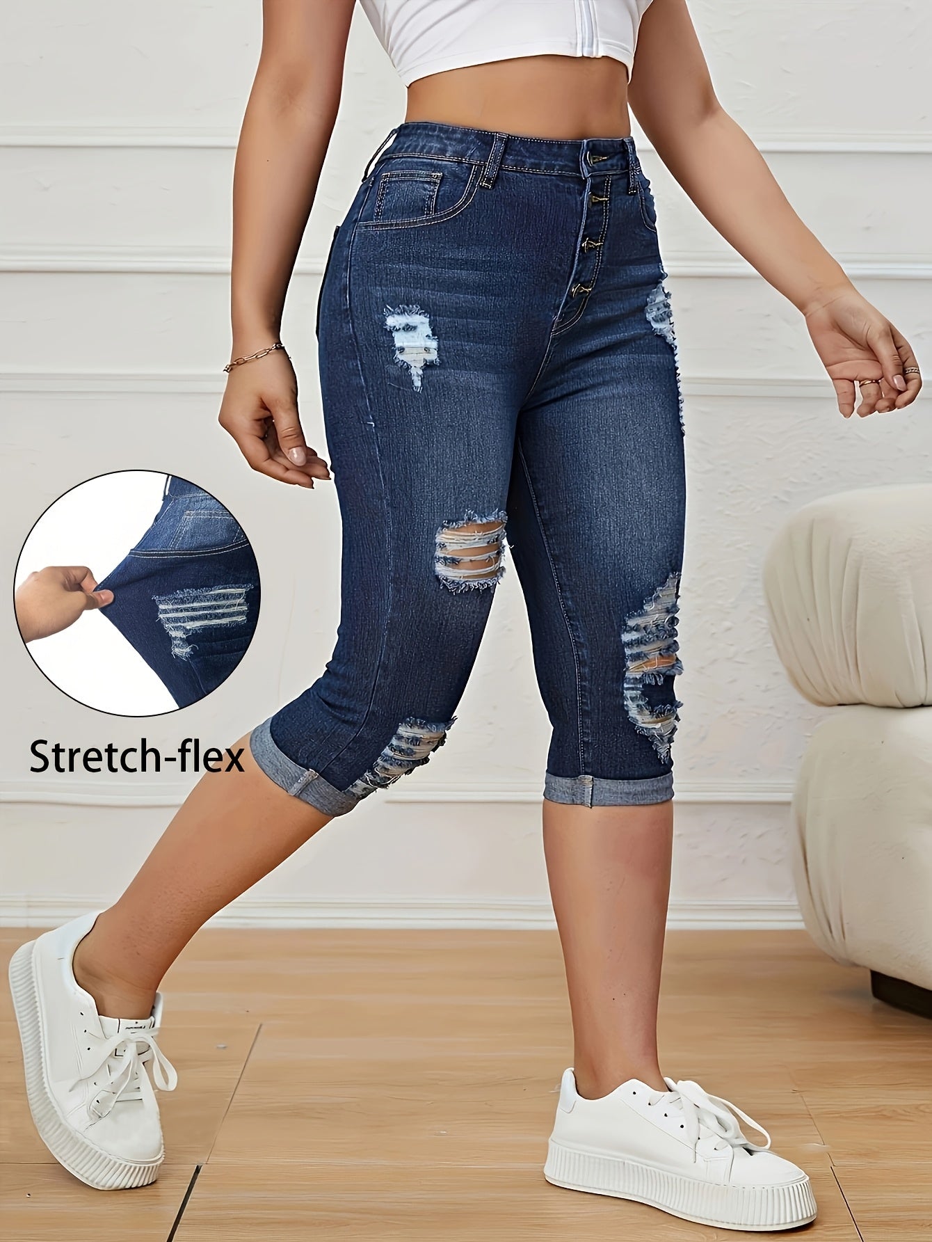 Women's Plus Size Ripped High Rise Denim Capri Jeans with Roll-Up Hem