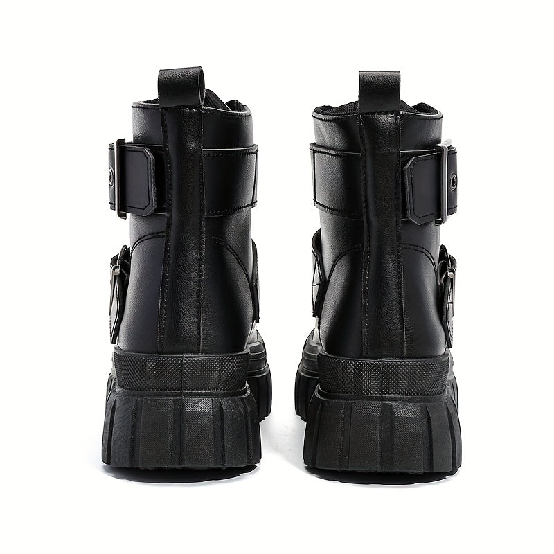 Women Black Motorcycle Boots Metal Buckles Flat Sole All-Season
