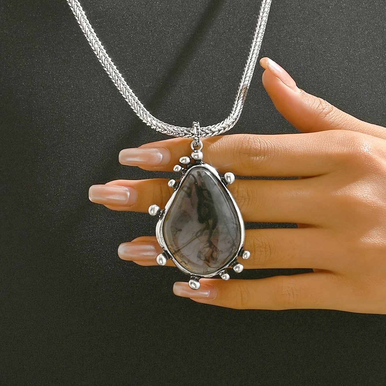 Винтажное серебряное ожерелье-цепочка с гусиной лапкой и подвеской в виде капли воды, с узором из чернильных цветов