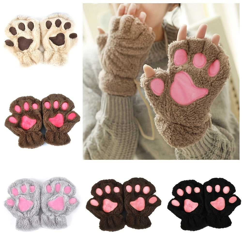 Thickened Half-Finger Winter Gloves with Cartoon Cat Paw Design for Warmth and Touchscreen Use