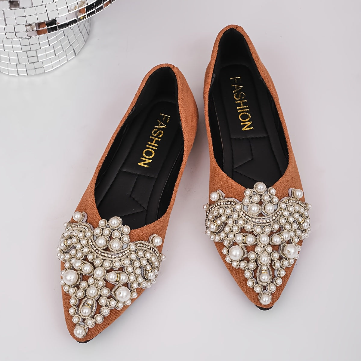Women's Slip-On Flats with Faux Pearl and Rhinestone Embellishments Lightweight Pointed Toe Shoes for All Seasons