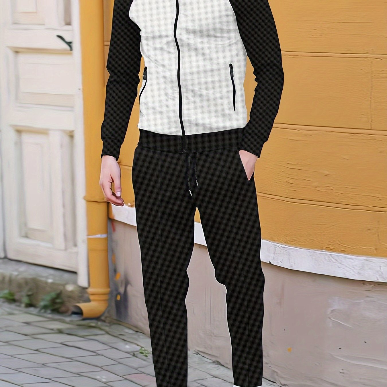 Мужской спортивный костюм из полиэстера: куртка на молнии и джоггеры, весна-осень, цветовые блоки