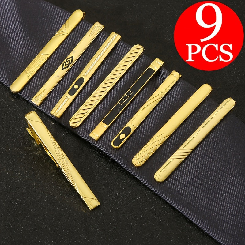 Set of 9 Men's Metal Tie Clips for Business Suits Stylish Fashion Accessories