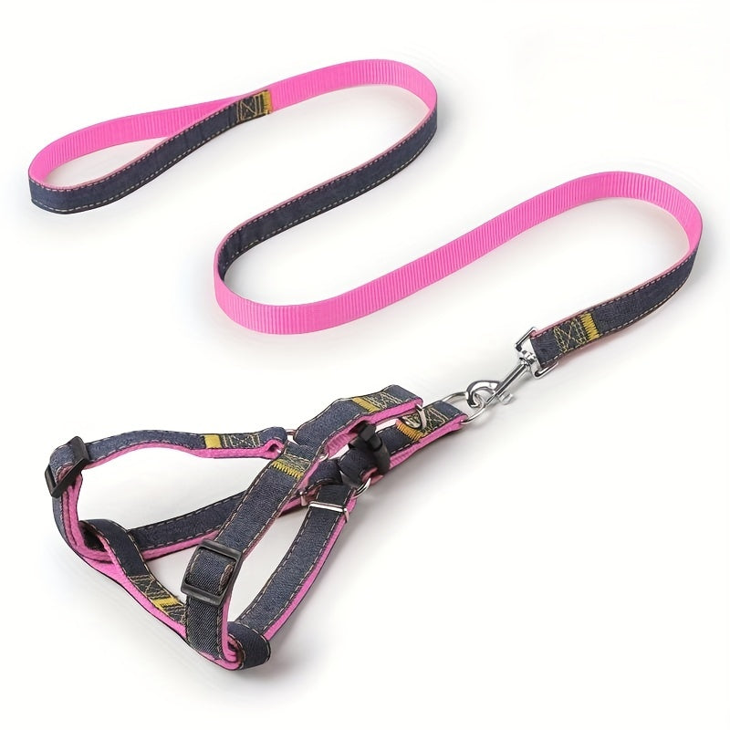Adjustable Denim Dog Harness and Leash Set for Small to Large Breeds Polyester