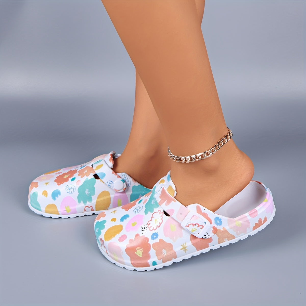 Women’s Floral Print Closed Toe Mules with Adjustable Buckle, EVA Flat Shoes