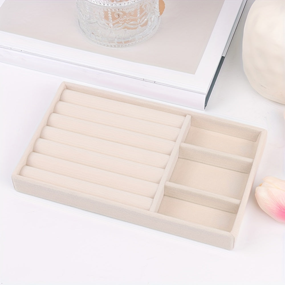 Beige Velvet Jewelry Organizer Tray for Earrings Rings and Accessories Storage