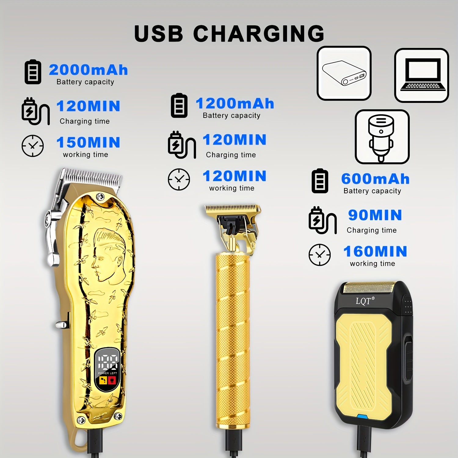 3pcs Professional Men's Electric Hair Clipper Set USB Rechargeable Wireless Gift for Hair Professionals