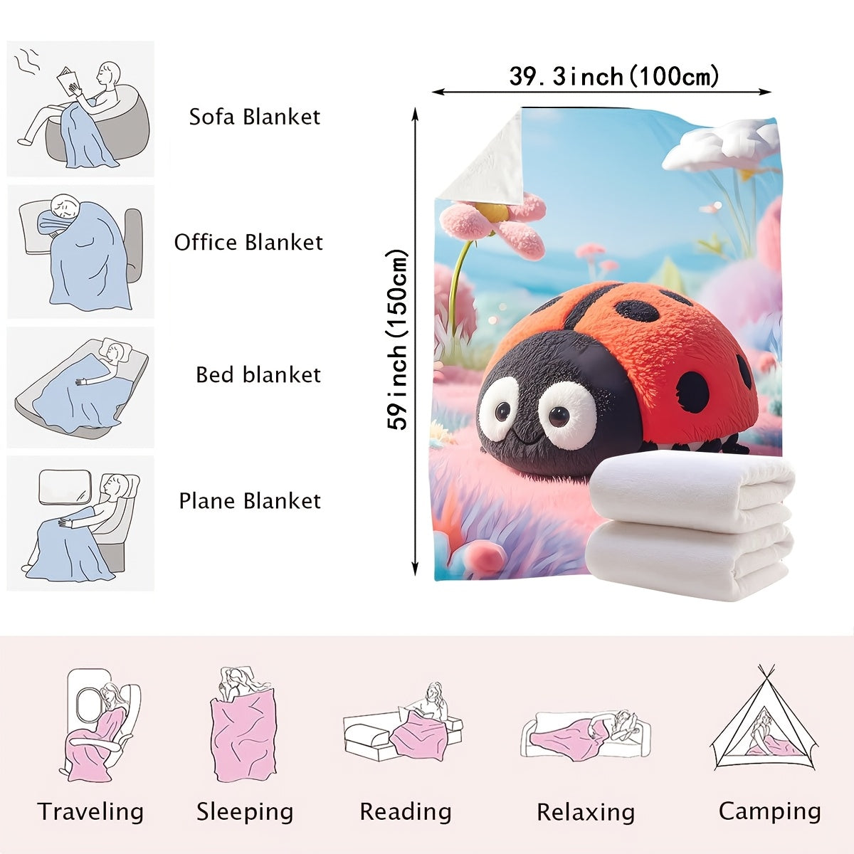 Ladybug Plush Throw Blanket All-Season Knit Soft Polyester for Kids and Home