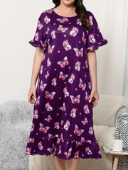 Plus Size Women's Butterfly Print Sleep Dress Short Sleeve Nightgown Loungewear