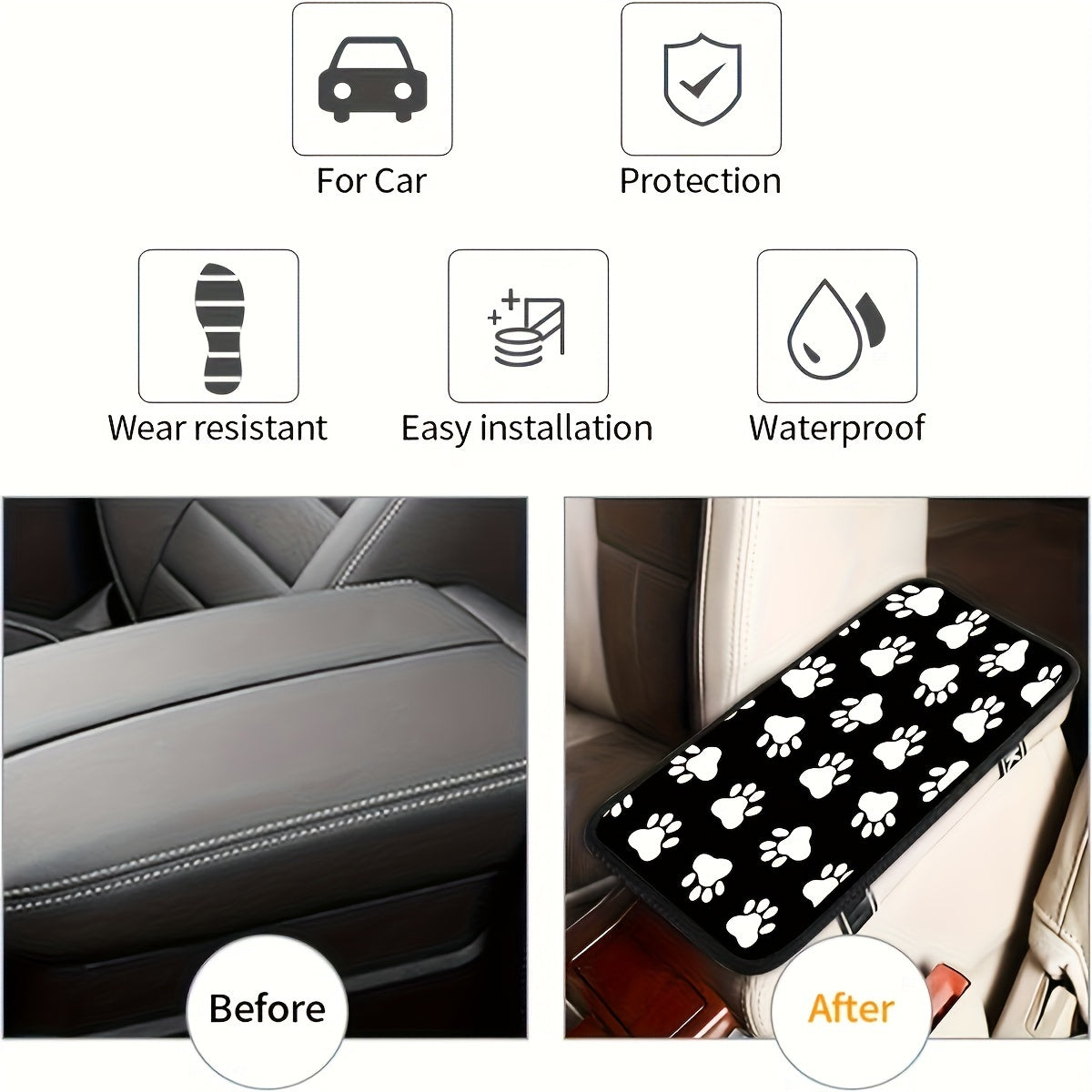 Cubierta de reposabrazos para coche con huella de perro colorida, ajuste universal, protector de caja para asiento